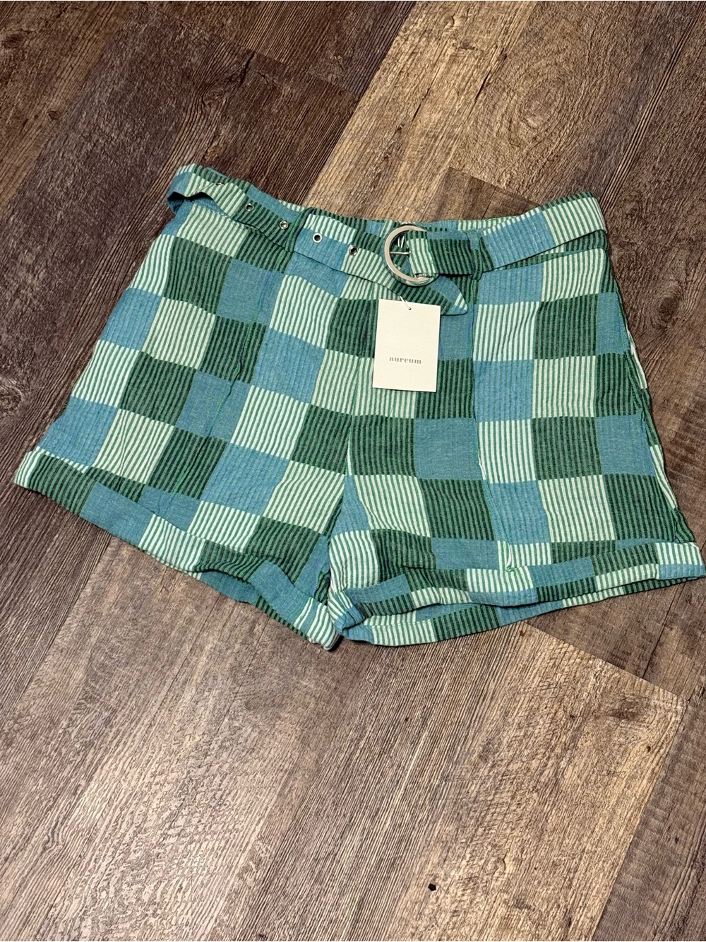 Aureum NWT Patchwork Check Belted Shorts Green Blue